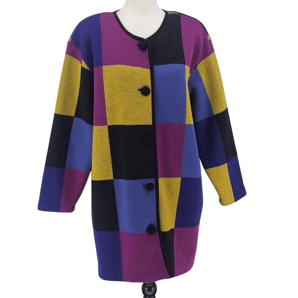 Vintage 90s Andrea Jovine Wool Knit Jacket M Color Block Oversized Artsy Teacher